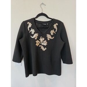 Onque Casuals Black Knit Blouse Sz LP Gold Sequin 3/4 Sleeves Fun Dressy Chic